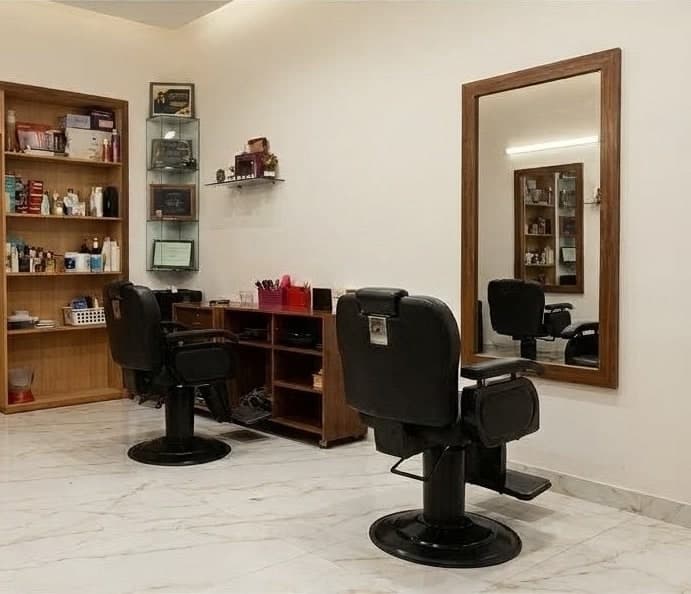 Inside the salon: two styling chairs, shelves of products and a large wall mirror